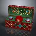 Red Diamond Pattern Decorative Box with Green Lining Red Hat Silver Bowls and Golden Patterns 3d model