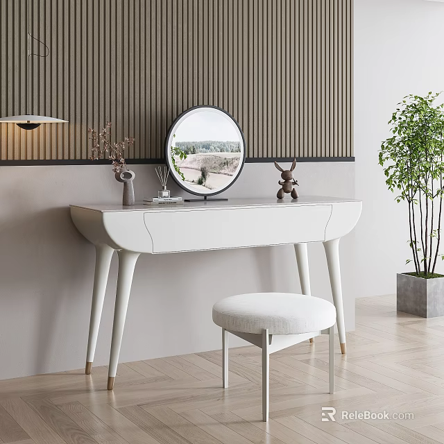 Modern White Vanity Table With Round Mirror Stool And Wooden Wall Potted Plant 3d model 