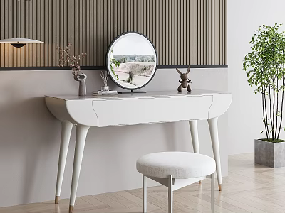 Modern White Vanity Table With Round Mirror Stool And Wooden Wall Potted Plant 3d model