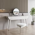 Modern White Vanity Table With Round Mirror Stool And Wooden Wall Potted Plant