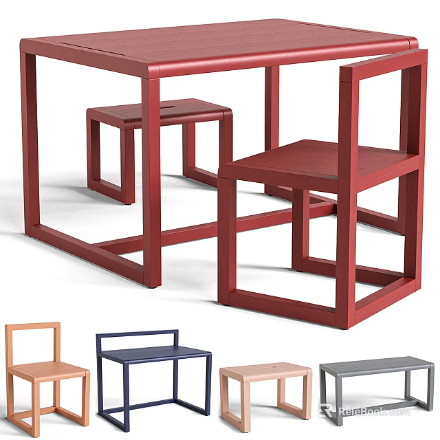Geometric Red Table And Chairs With Multiple Color Options Brown Blue Pink Gray 3d model 