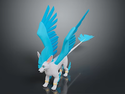 White Fantasy Creature With Blue Feathered Wings Standing As 3D Art Sculpture Model 3d model