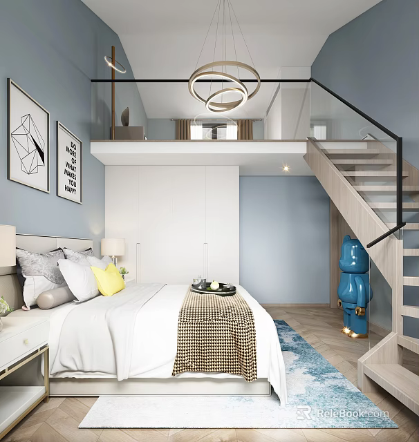 Bedroom Interior Design With Light Blue Walls White Bedding Yellow Pillow And Glass Railing Staircase 3d model 