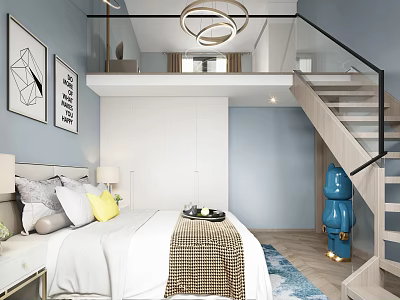 Bedroom Interior Design With Light Blue Walls White Bedding Yellow Pillow And Glass Railing Staircase 3d model