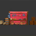 Cartoon Market Stall Scene Featuring Wooden Structure Red Canopy Barrels Crates And Fruit Bowl