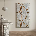 Abstract Painting With Brown Blue Lines Near Marble Table And Pendant Light