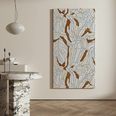 Abstract Painting With Brown Blue Lines Near Marble Table And Pendant Light 3d model