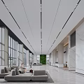 Modern Office Reception Area With Marble Desk Hanging Lights And Staff