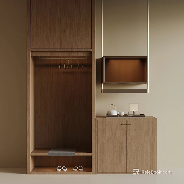 Minimalist Wooden Wardrobe Interior With Hanging Rod Drawers And Open Shelves 3d model 