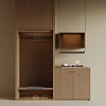 Minimalist Wooden Wardrobe Interior With Hanging Rod Drawers And Open Shelves