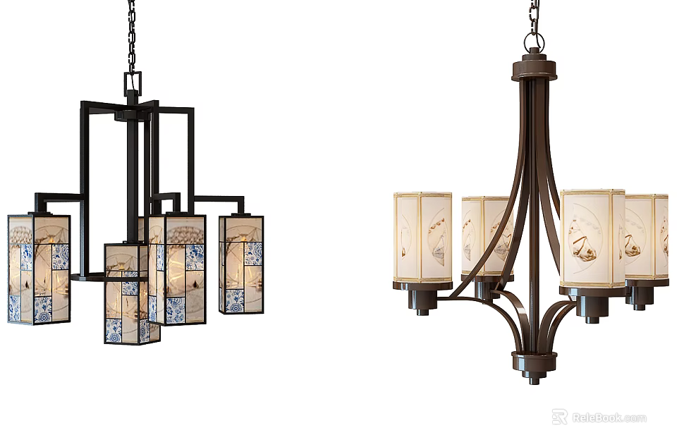 Chandelier Designs Combining Modern And Traditional Elements With Metal Frames And Patterned Shades 3d model