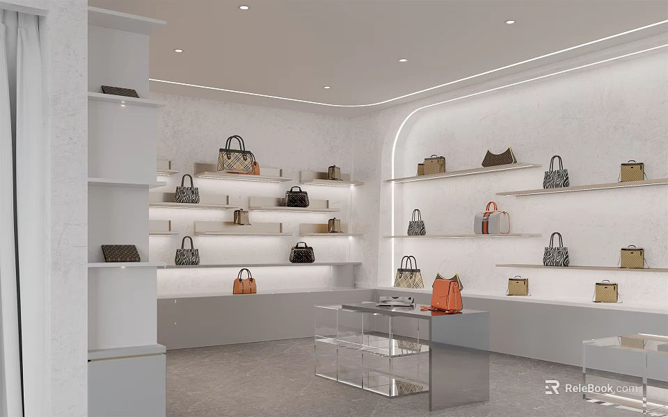 Elegant Modern Clothing Store With Stylish Bags Displayed On White Shelves And Glass Tables 3d model 