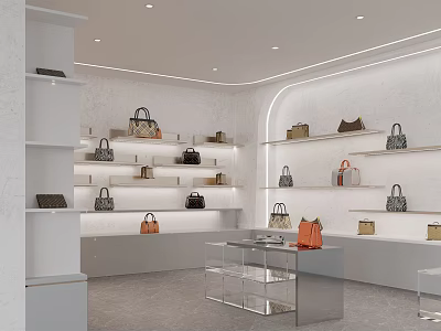 Elegant Modern Clothing Store With Stylish Bags Displayed On White Shelves And Glass Tables 3d model