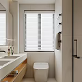Modern Bathroom Interior Design With Large Mirror Double Sinks Wooden Cabinets And Toilet