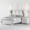 Wooden Double Bed With Paneled Headboard Two Nightstands Table Lamps And Framed Wall Art