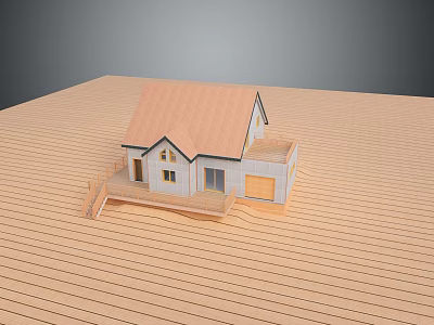 Miniature House Model on Wooden Deck with Brown Roof White Walls Balcony Garage Door 3d model