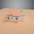 Miniature House Model on Wooden Deck with Brown Roof White Walls Balcony Garage Door