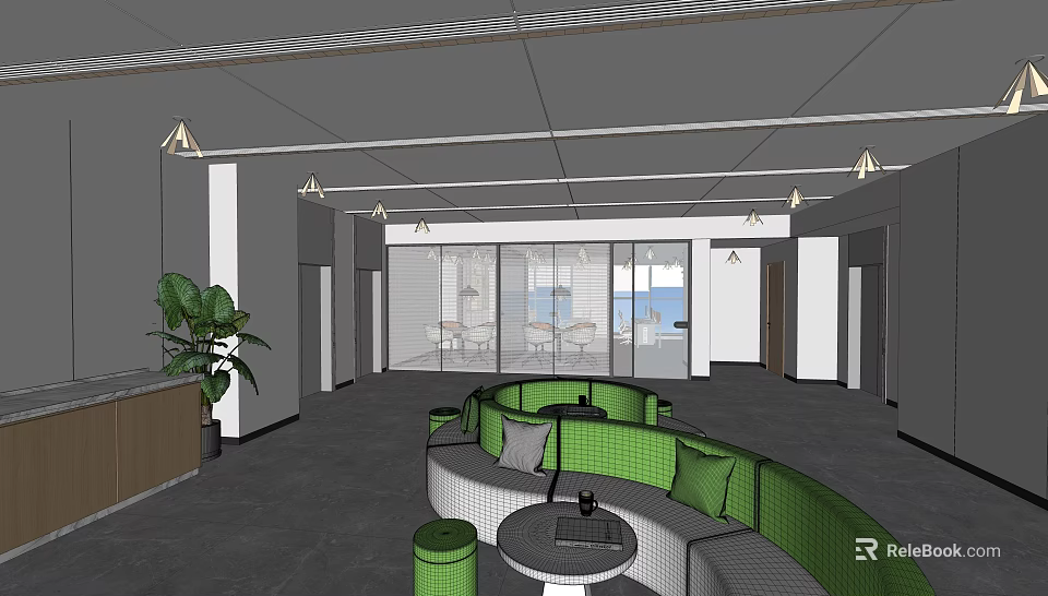 Modern Leisure Area Featuring Green Curved Sofas Small Round Tables And Pendant Lights 3d model 