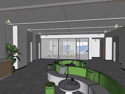 Modern Leisure Area Featuring Green Curved Sofas Small Round Tables And Pendant Lights 3d model