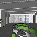 Modern Leisure Area Featuring Green Curved Sofas Small Round Tables And Pendant Lights