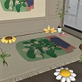 Square Rug With Green Leaf Flower Patterns Sunflowers And Plants In Window Area