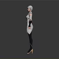 3D Character Model With Silver Hair White Top Black Pants And Decorative Details