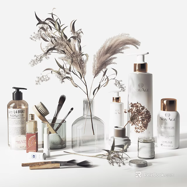 Elegant Perfume And Cosmetics Display With Luxury Bottles Makeup Brushes And Floral Accents 3d model 