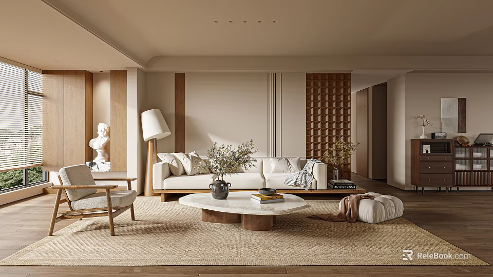 Modern Natural Living Room Interior With Beige Sofa Wooden Coffee Table And Woven Rug 3d model 