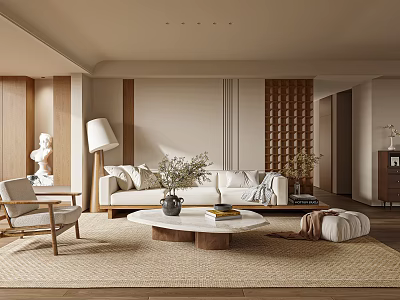 Modern Natural Living Room Interior With Beige Sofa Wooden Coffee Table And Woven Rug 3d model