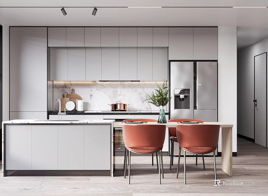 Modern Restaurant Kitchen Interior With Gray Cabinets Island Marble Countertop And Orange Chairs 3d model 