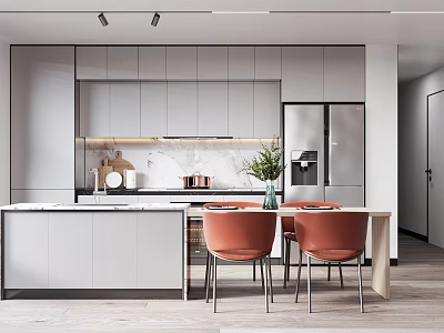 Modern Restaurant Kitchen Interior With Gray Cabinets Island Marble Countertop And Orange Chairs 3d model