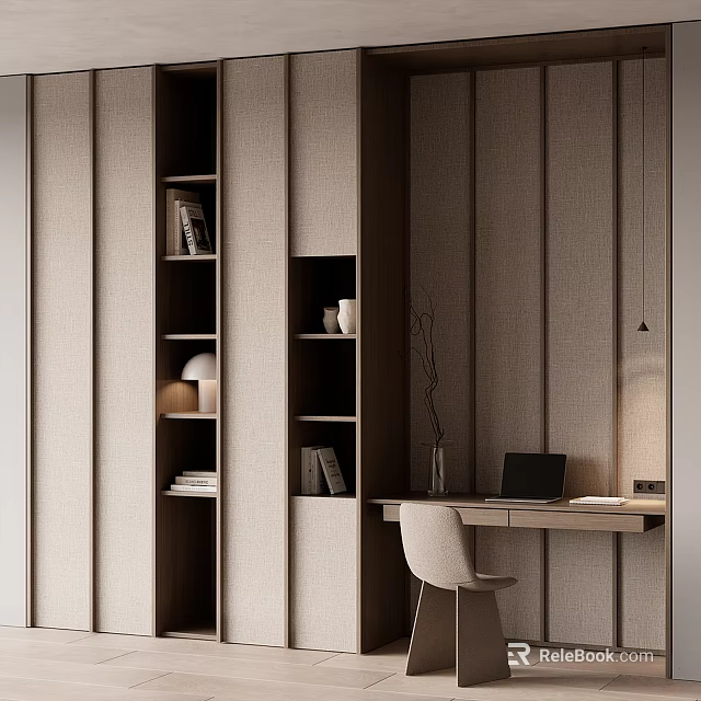 Modern Minimalist Bookcase With Books Decorations Desk And Chair In Warm Tone Vertical Striped Room 3d model 