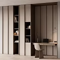 Modern Minimalist Bookcase With Books Decorations Desk And Chair In Warm Tone Vertical Striped Room