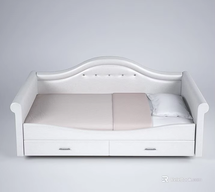 White Single Bed with Curved Headboard Light Beige Mattress and Storage Drawers 3d model 