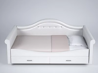 White Single Bed with Curved Headboard Light Beige Mattress and Storage Drawers 3d model