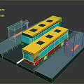 Colorful Bus Stop Platform With Two Buses Waiting Shelter Bench And Signage