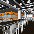 Modern Restaurant Interior With White Tables Chairs And Geometric Ceiling Lighting 3d model