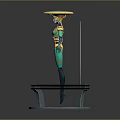 Futuristic Game Movie Character In Green Bodysuit With Yellow Accents And Glowing Transparent Ring Base