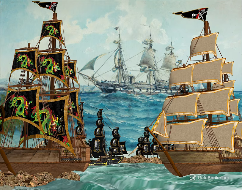 Classic Wooden Ships With Pirate Flags Green Gold Sails And Distant Sailing Vessel On Ocean 3d model 