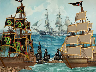 Classic Wooden Ships With Pirate Flags Green Gold Sails And Distant Sailing Vessel On Ocean 3d model