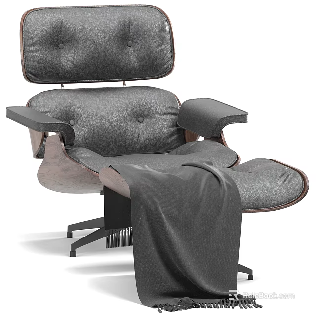 Modern Gray Leather Leisure Chair with Wooden Armrests Ottoman and Cozy Blanket 3d model 