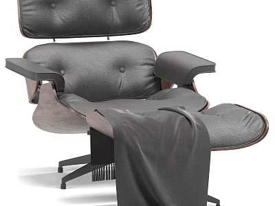 Modern Gray Leather Leisure Chair with Wooden Armrests Ottoman and Cozy Blanket 3d model