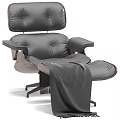 Modern Gray Leather Leisure Chair with Wooden Armrests Ottoman and Cozy Blanket