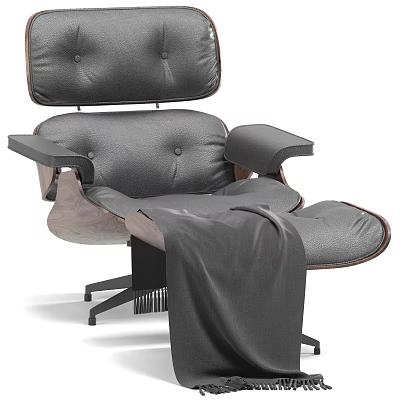 Modern Gray Leather Leisure Chair with Wooden Armrests Ottoman and Cozy Blanket 3d model