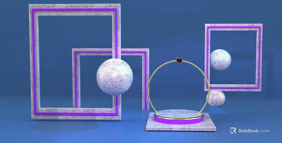 Golden Circular Display Stand With Purple Border And White Textured Spheres On Blue Background 3d model 