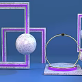 Golden Circular Display Stand With Purple Border And White Textured Spheres On Blue Background