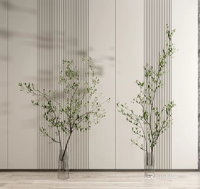 Two Transparent Vases With Slender Green Leaf Branches In Simple Modern Light Vertical Striped Background 3d model 