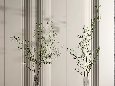 Two Transparent Vases With Slender Green Leaf Branches In Simple Modern Light Vertical Striped Background 3d model