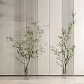 Two Transparent Vases With Slender Green Leaf Branches In Simple Modern Light Vertical Striped Background