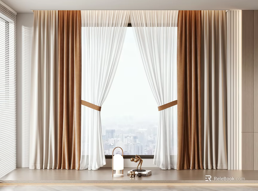 Layered Brown and White Curtains with Tiebacks for Window with City View 3d model 